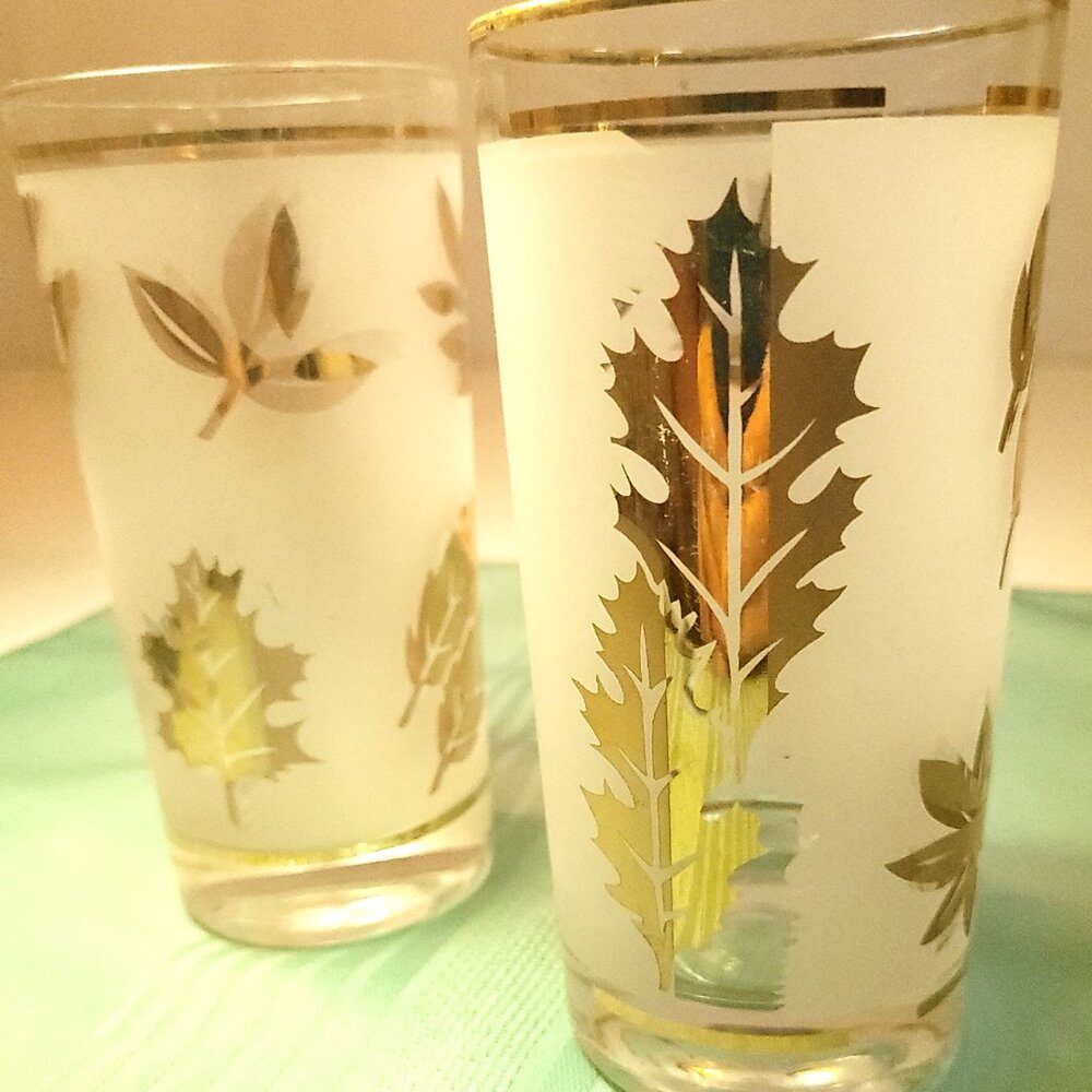 Circa 1957 Libbey Golden Foliage Highball Glasses - Set of 2  22k Gold Leaf Fros